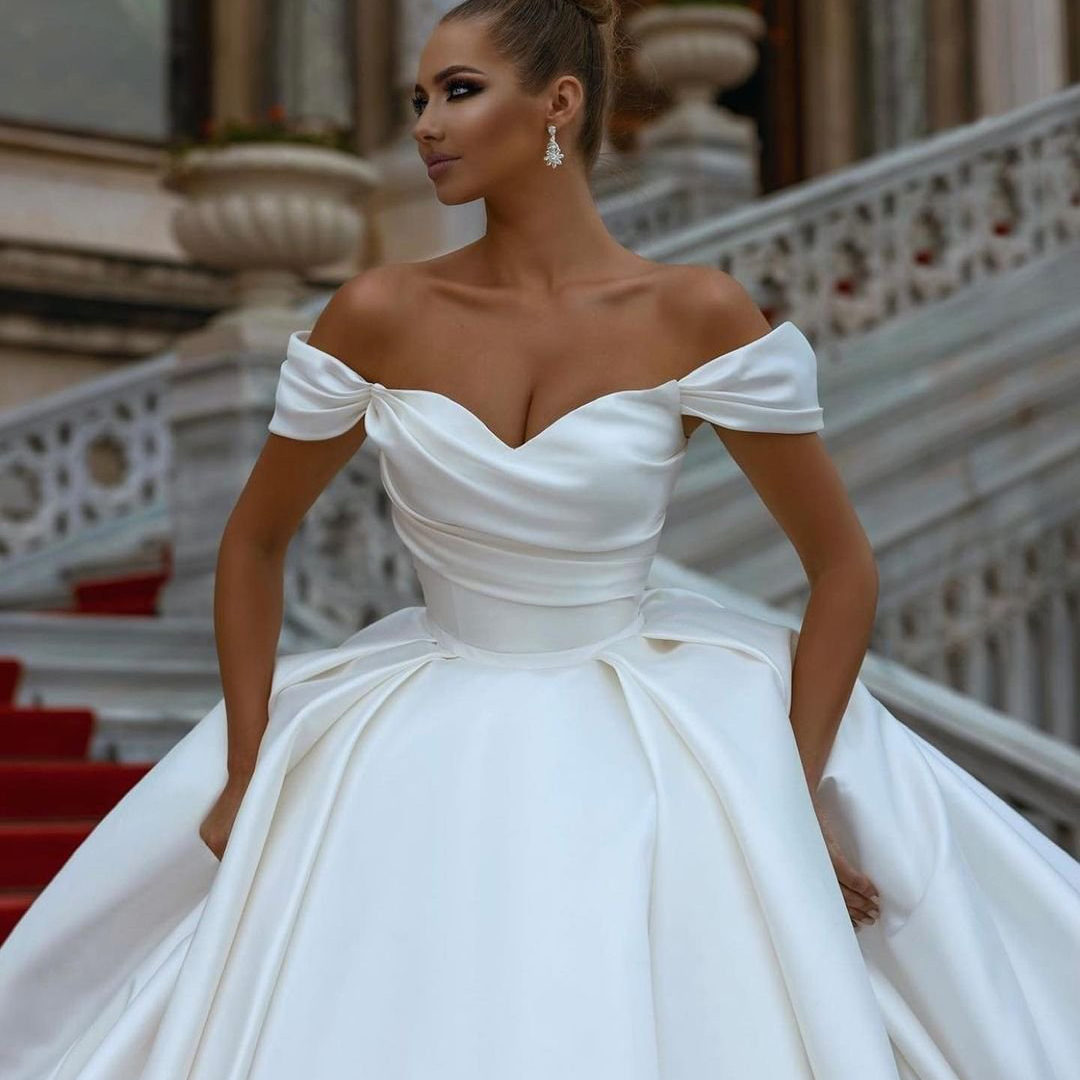 Robes De mariée blanches élégantes, épaules dénudées, traîne De balayage, dos à lacets, robe De soirée De mariage en Satin, 2023