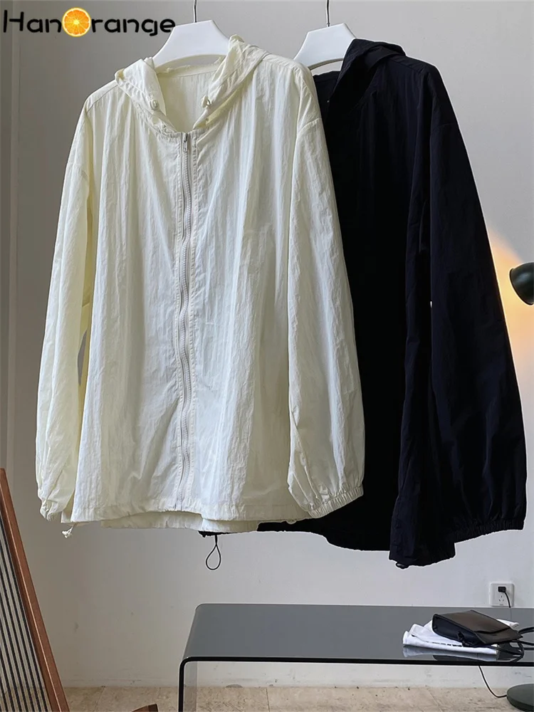 HanOrange-Jaqueta feminina transparente clara com capuz, jaqueta com protetor solar, silhueta solta, manga longa fina, fêmea, verão, 2024