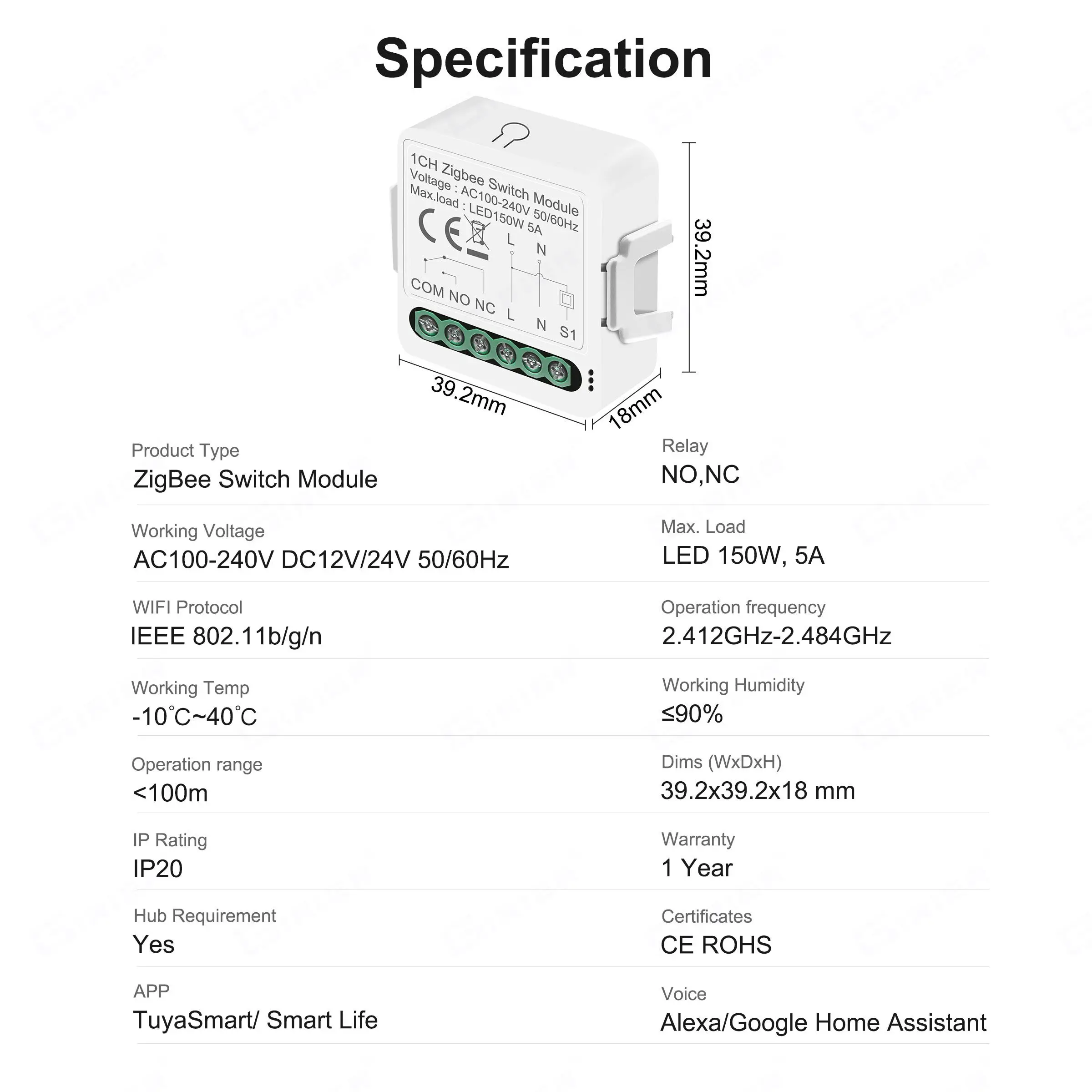 Módulo de interruptor inteligente ZigBee GIRIER contacto seco 5A relé de interruptor Universal DC 12/24V AC 100-240V funciona con Alexa Alice Hey Google