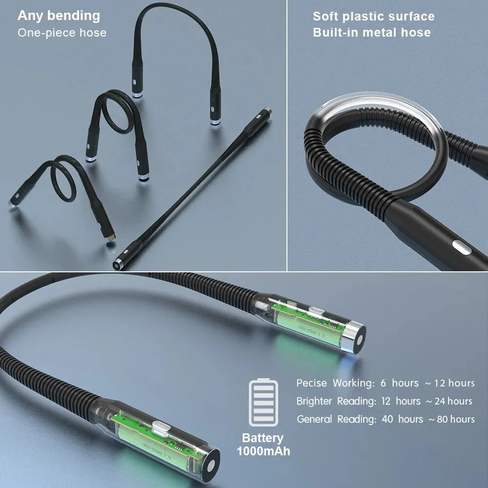 Luz de lectura para el cuello, luces para libros, lectura en la cama, plegable, de larga duración, portátil, recargable por USB, novedad, iluminación LED Flexible para libros