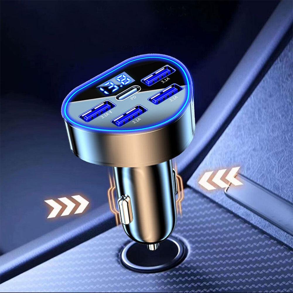 Carregador de carro com 5 portas para iPhone, Adaptador de carregamento rápido, USB tipo C, isqueiro, PD, QC3.0, 66W