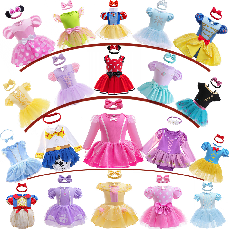 Платье для маленьких девочек 3-18 месяцев с повязкой на голову, милый комбинезон Эльзы и Микки, костюм принцессы для младенцев, фиолетовые платья Софии