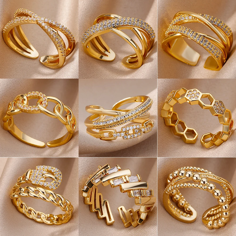 Anillos de acero inoxidable de Color dorado a la moda para mujer, cadena hueca, anillo de dedo de circón de cristal, joyería 2023, anillos de regalo para mujer