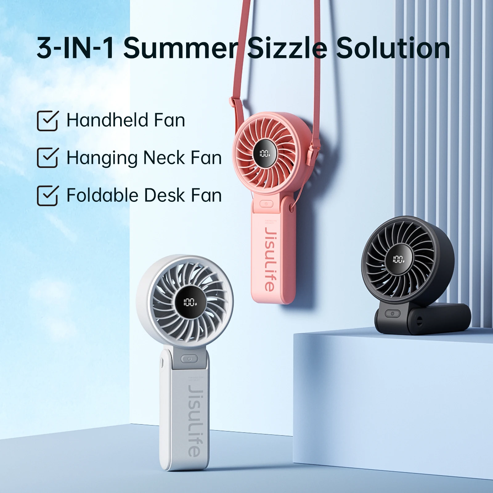 JISULIFE Ventilador portátil de mano con pantalla LED, 5 velocidades, 5000 mAh, 150 ° Ventilador personal multifunción plegado, 3 en 1 de mano/escritorio/cuello
