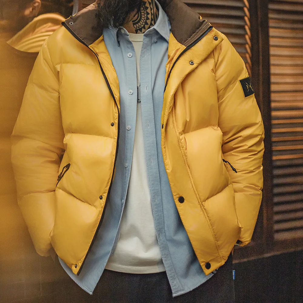 Maden Casual 90% White Duck Down Jacket Yellow Stand Collar Warm Jacket Versatile Puffer Coat for Men Fall and Winter Outerwear