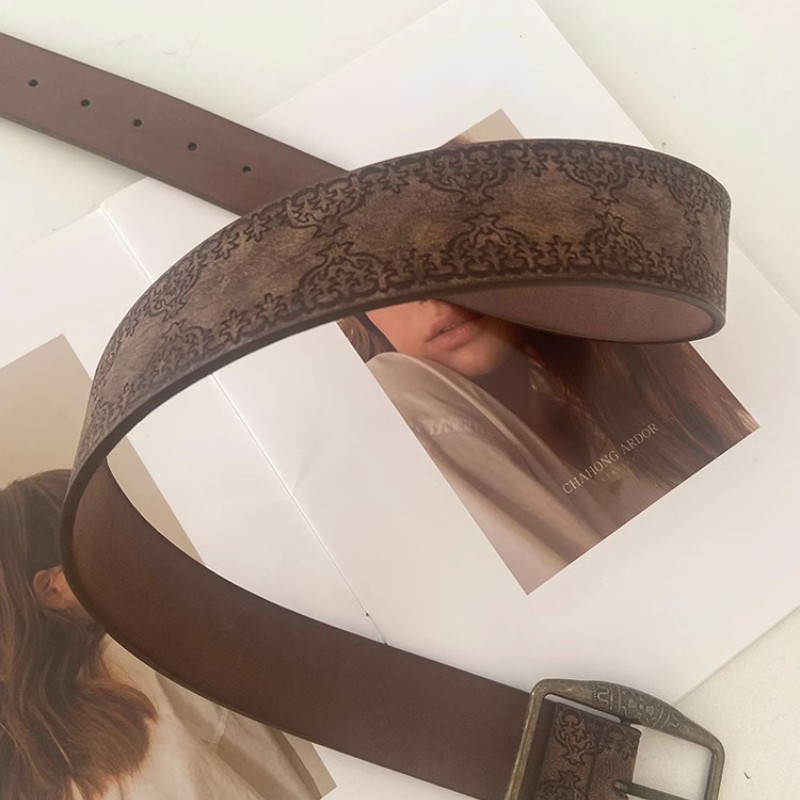 Cinturón con estampado Vintage para mujer, cinturón de estilo étnico versátil, faja de moda de cuero PU, estilo Y2K, hebilla de Pin, pretina para Jeans