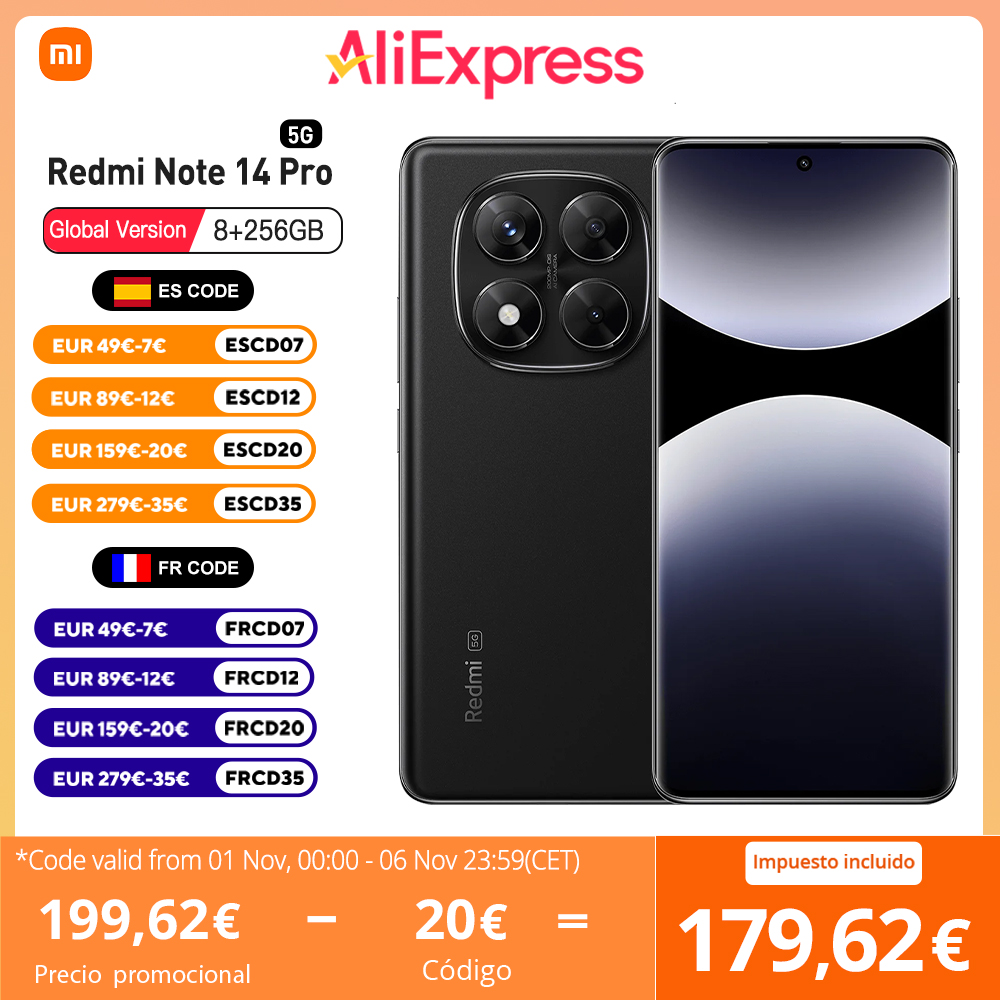 Xiaomi Redmi Note 14 Pro 5G Version européenne 256GB/512GB MTK Dimensity 7300-Ultra Écran AMOLED 6,67" 120Hz Caméra principale 200MP OIS Chargement 45W, IP68, NFC