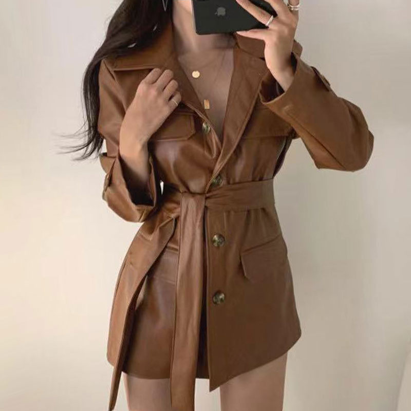 Slish Retro Deep Brown PU Leather Jacket Mid-Length Biker Coat for Women Trendy Autumn Winter Outerwear Casual Commute
