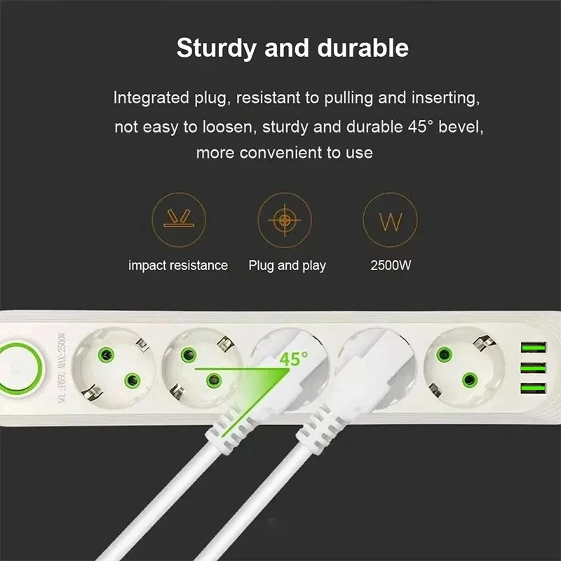 2500W EU Plug AC Outlet Multiprise Power Strip Extension Cord European Standard Socket Network Filter With USB Ports Charging