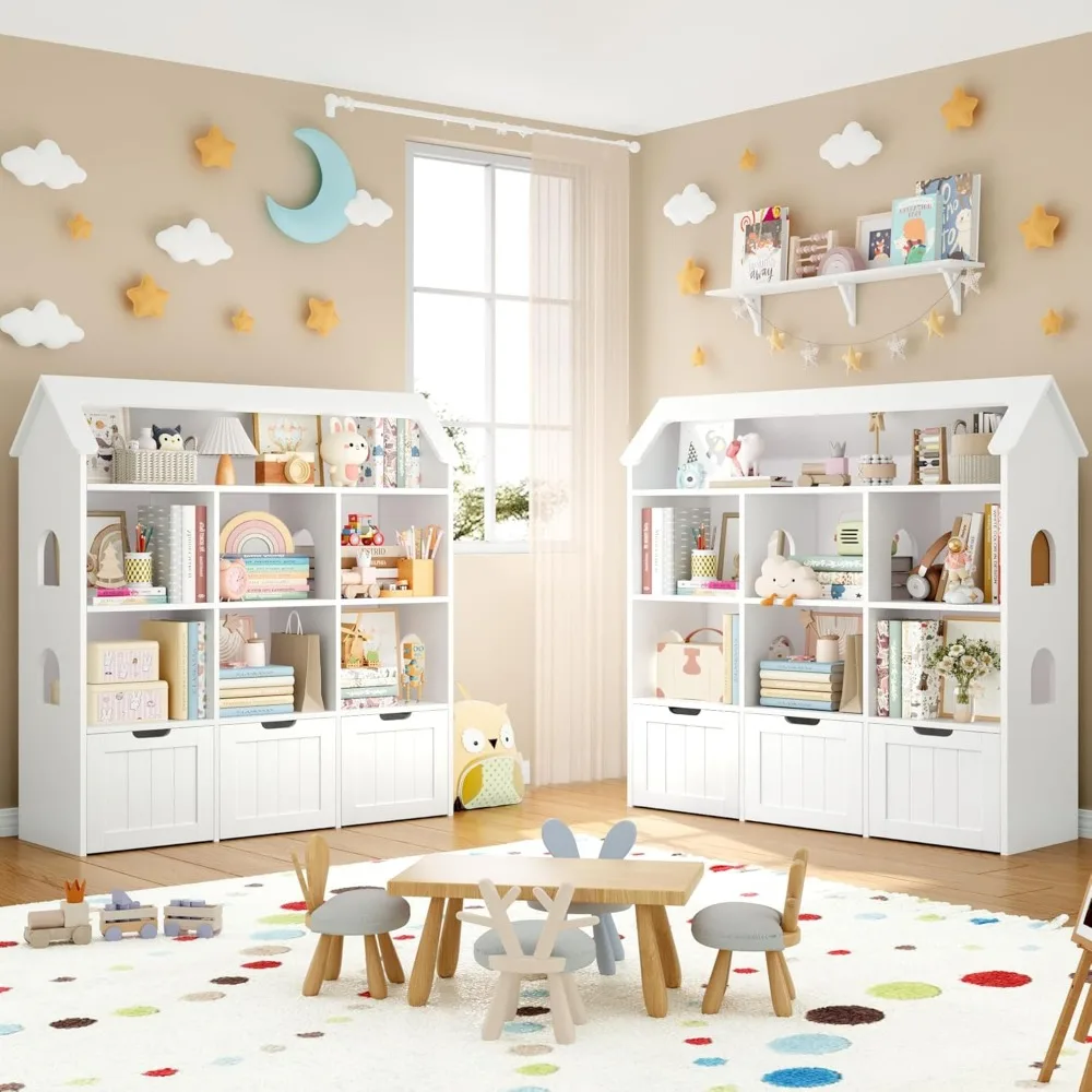Toy Storage Organizer with House-Shaped Design, Kids Bookshelf Dollhouse Bookcase with 3 Movable Drawers and 6 Storage Cubbies