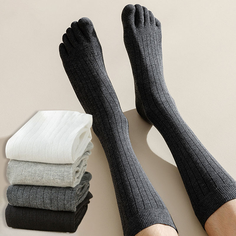 Calcetines hasta la rodilla a la moda con cinco dedos para hombre, calcetines a rayas de Color sólido hasta la pantorrilla, calcetines con punta abierta y absorción del sudor para primavera y verano, 5 dedos