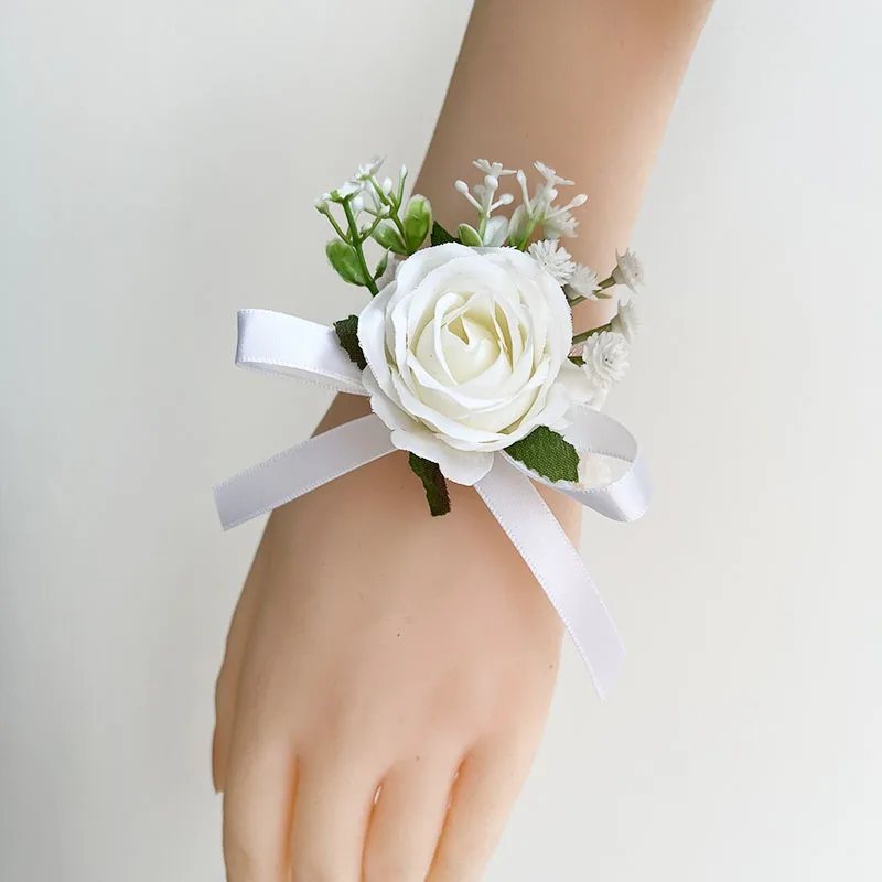 Rose di seta bianche Fiore all'occhiello per bambini Accessori da sposa Braccialetti per corpetto da polso Fiori artificiali per damigelle d'onore Occhiello