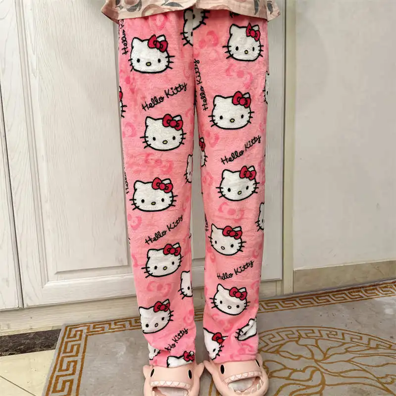 Sanrio Hello Kitty Fleece Coral Pyjamabroek Zachte Broek Vrouwen Casual Thuis Broek Kawaii Anime Cartoon Verjaardagscadeau