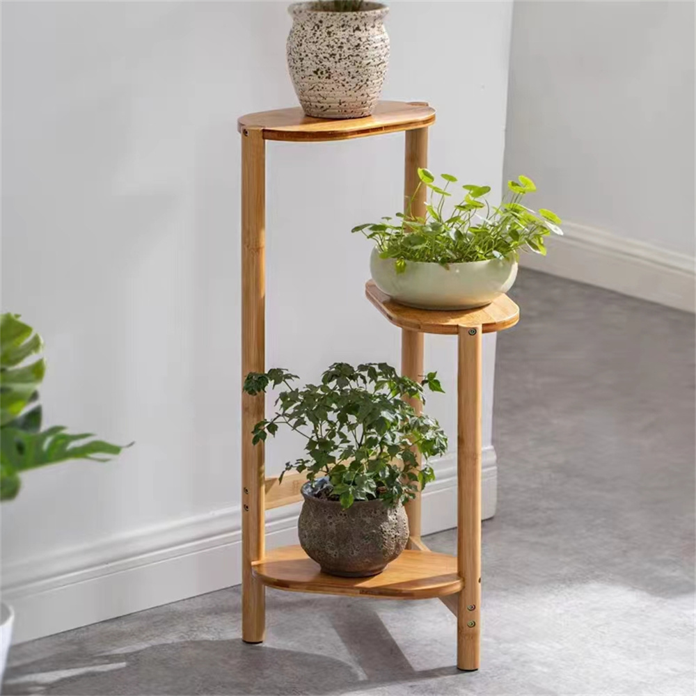 3 Tier Bamboo Corner Plant Stand Simplicity Flower Pot Holder Shelf Indoor High Low Display Indoor Outdoor