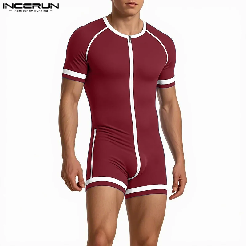 Incerun masculino bodysuits retalhos zíper o pescoço manga curta aconchegante masculino macacão playsuits treino 2025 moda casual bodysuit masculino