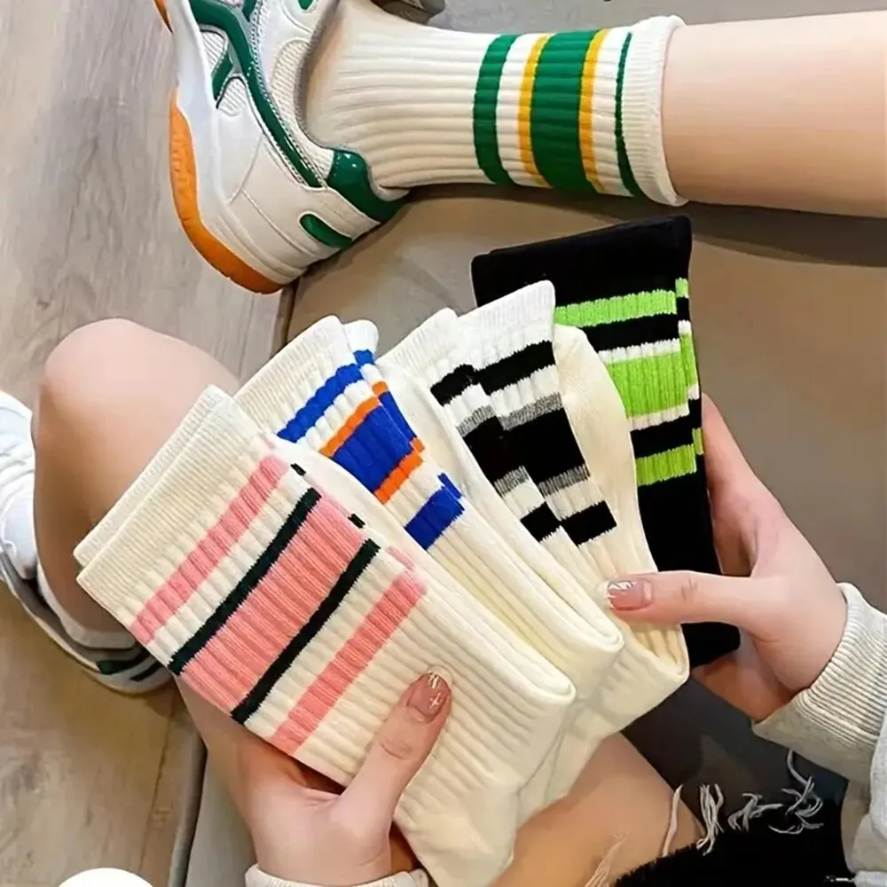 5 Paar Damessokken Schattige Harajuku Warme Sok Eenvoudige Kleurrijke Gestreepte Korte Sokken Mode Lente Herfst Dames Halflange Sokken