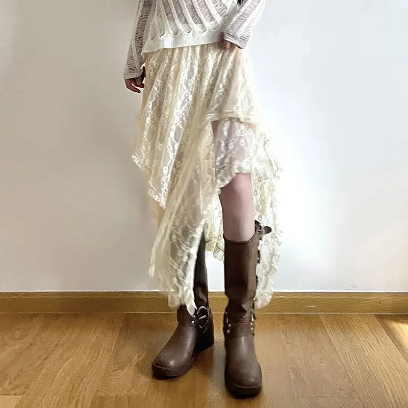 Gonna asimmetrica in pizzo Fairycore Donna Vintage Y2K Boho Estetica Moda Vita alta Gonne medie Abiti da vacanza da donna