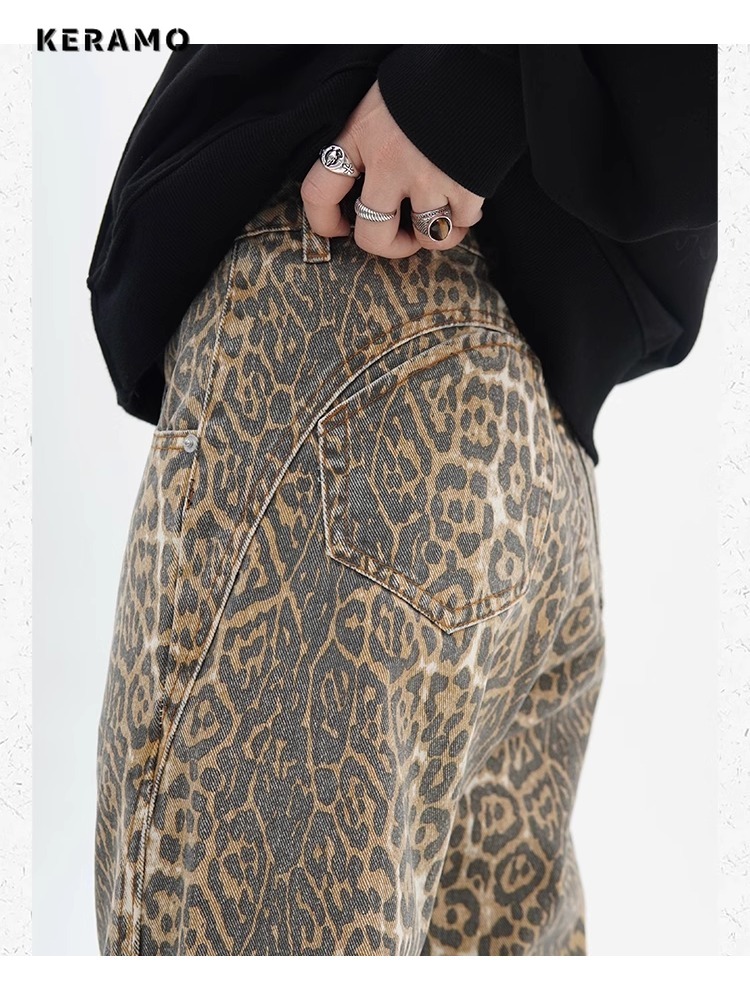 Vintage leopardo impressão jeans feminino primavera oversize casual hip pop perna larga calças tendência cintura alta pantera denim calças senhoras