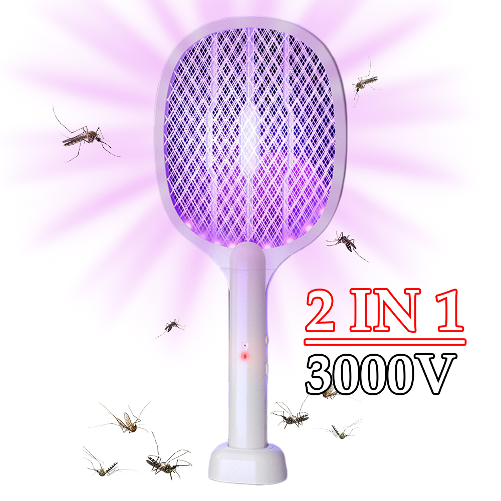 Handheld Electric Fly Swatter 3000V Bug Zapper Racket 2 in 1 Fly Swatter with USB Rechargeable Mosquito Killer Lamp Pest Control