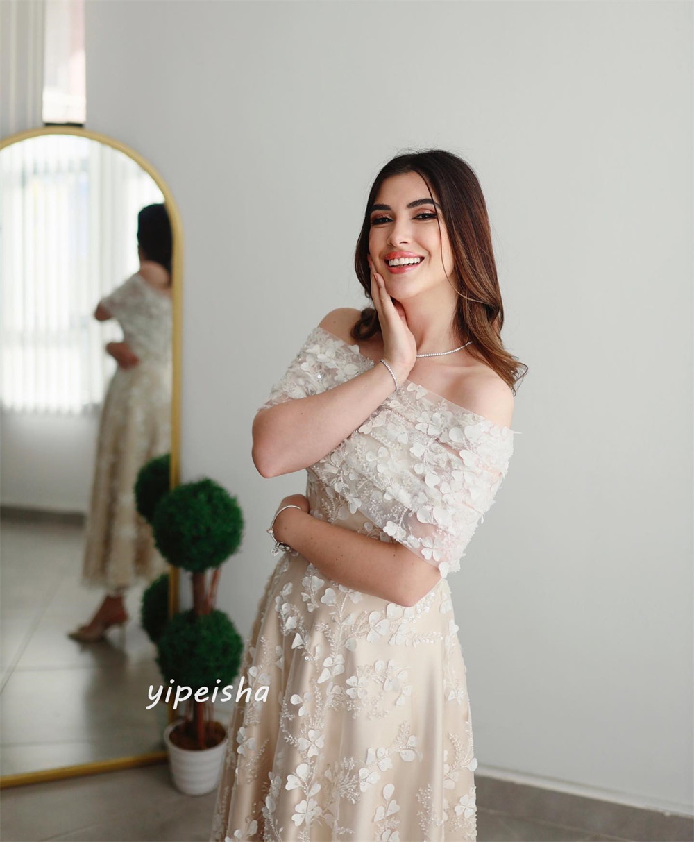 Aplique de jiayigong personalizado, noite formal, linha a, ombro de fora, ocasião sob medida, comprimento do tornozelo