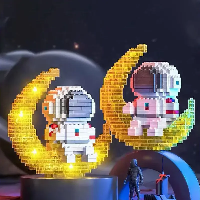 Knew Built Luminous นักบินอวกาศ Moon Micro อิฐบล็อกอาคารชุดของเล่นเพื่อการศึกษา LED Light Technology อิฐสําหรับผู้ใหญ่