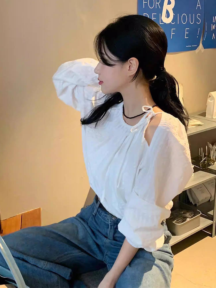 Chic round Neck Long Sleeve Loose Women's Shirt Drawstring Hollow out Design Versatile Fall Fashion Business Casual Sle