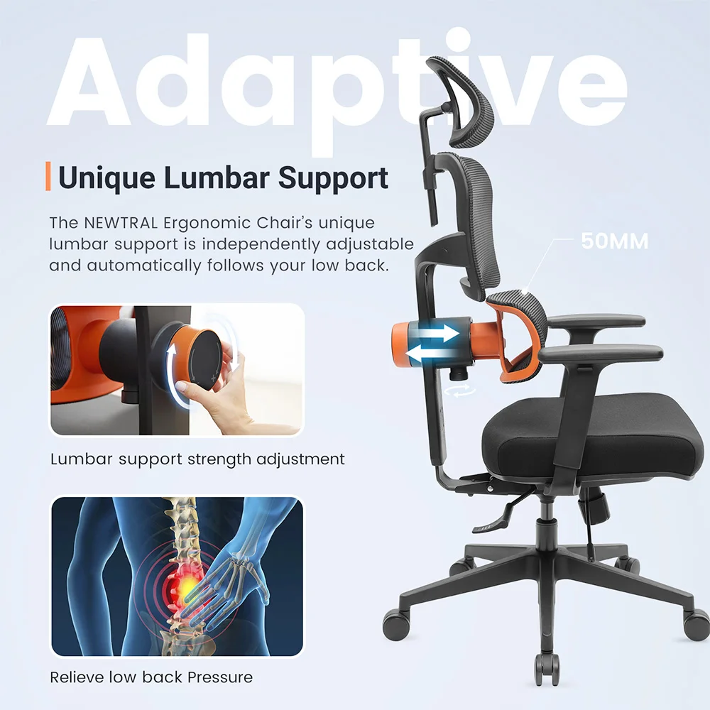 NEWTRAL-Cadeira Ergonômica com Nylon Base, Adaptive Suporte Lower Back, 3 Recline Ângulo, Encosto Ajustável, Braço Encosto de Cabeça, NT001