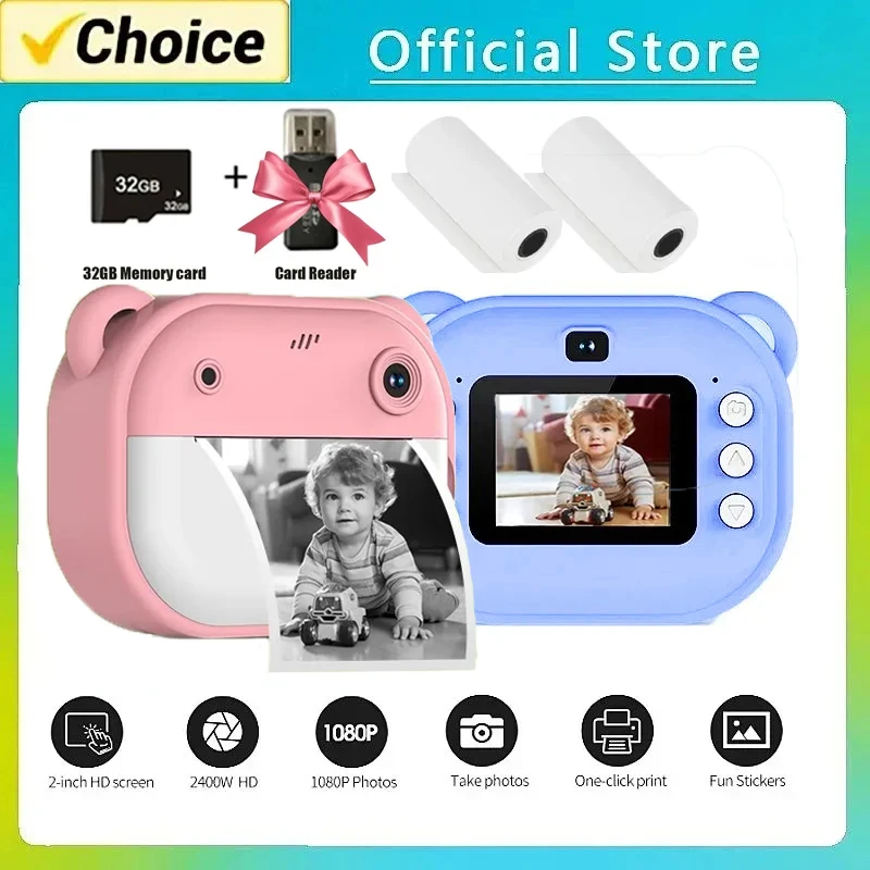 Crianças câmera digital impressão instantânea para crianças câmera de impressão térmica instantânea câmera de impressão de fotos brinquedos de vídeo + cartão de memória 32g