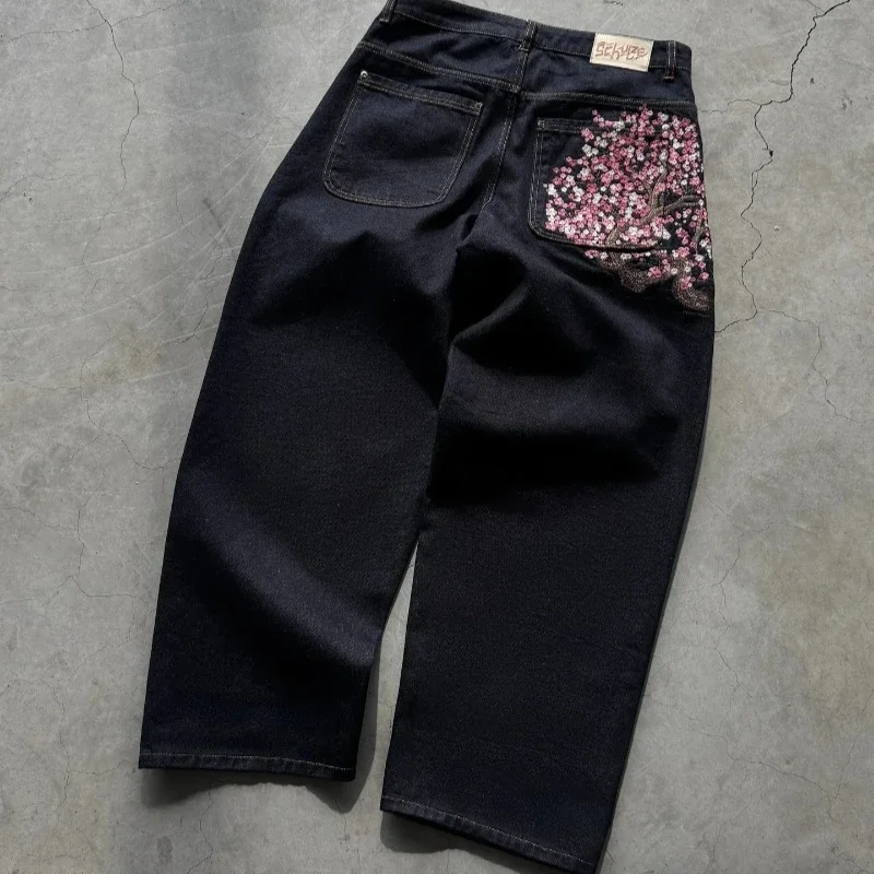 2025 pantalones vaqueros holgados con bordado de flor de ciruelo Y2K Harajuku Vintage pantalones de pierna ancha hombres mujeres tela vaquera ropa de calle