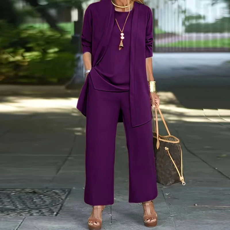 Conjunto informal de tres piezas con chaleco y cuello redondo para mujer, conjunto elegante de pantalones sueltos de Color sólido, moda de otoño e invierno, traje de manga larga