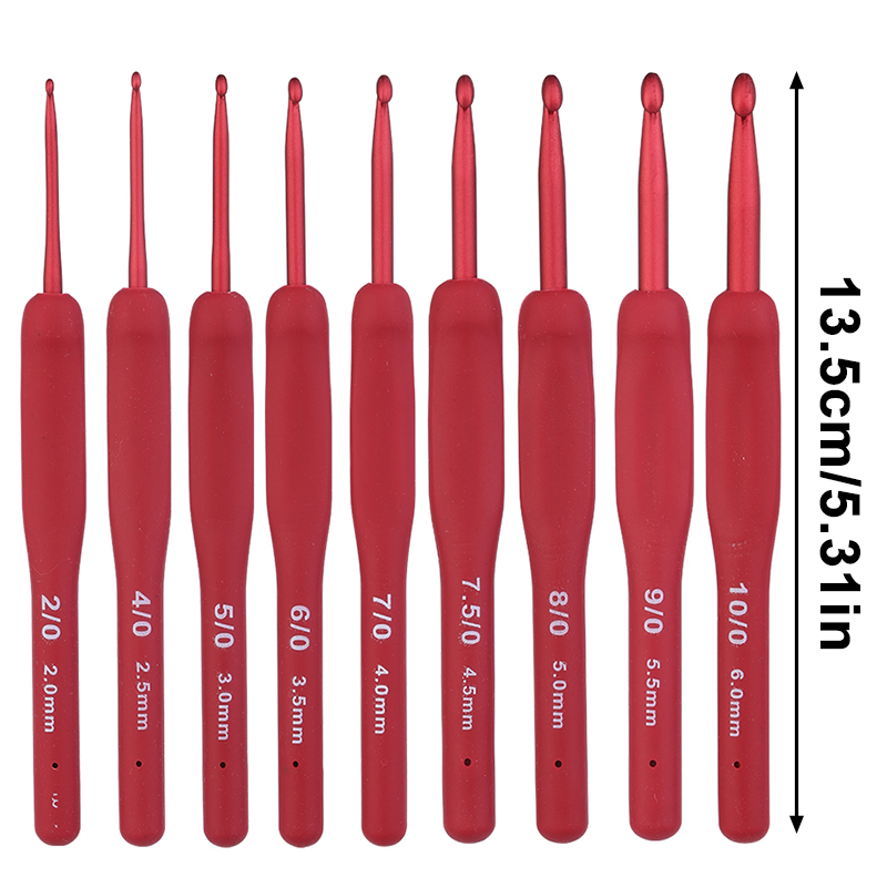 Fenrry 9PCS Gancho de ganchillo rojo Mango ergonómico para manos artríticas Agujas de tejer extralargas para principiantes y hilo de ganchillo