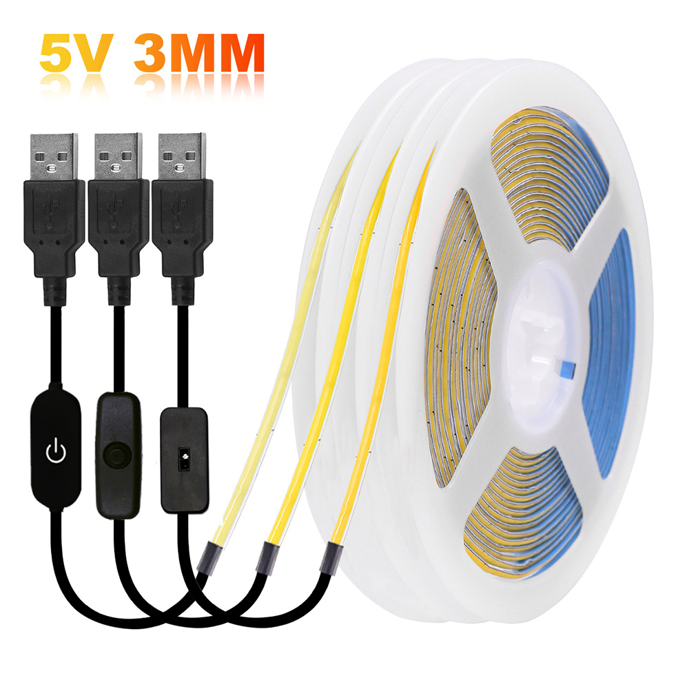 Tira de luces LED COB PCB de 5V y 3mm, luz USB con interruptor atenuador, Control remoto, iluminación lineal de alta densidad 320LED, lámpara de cinta Led Flexible