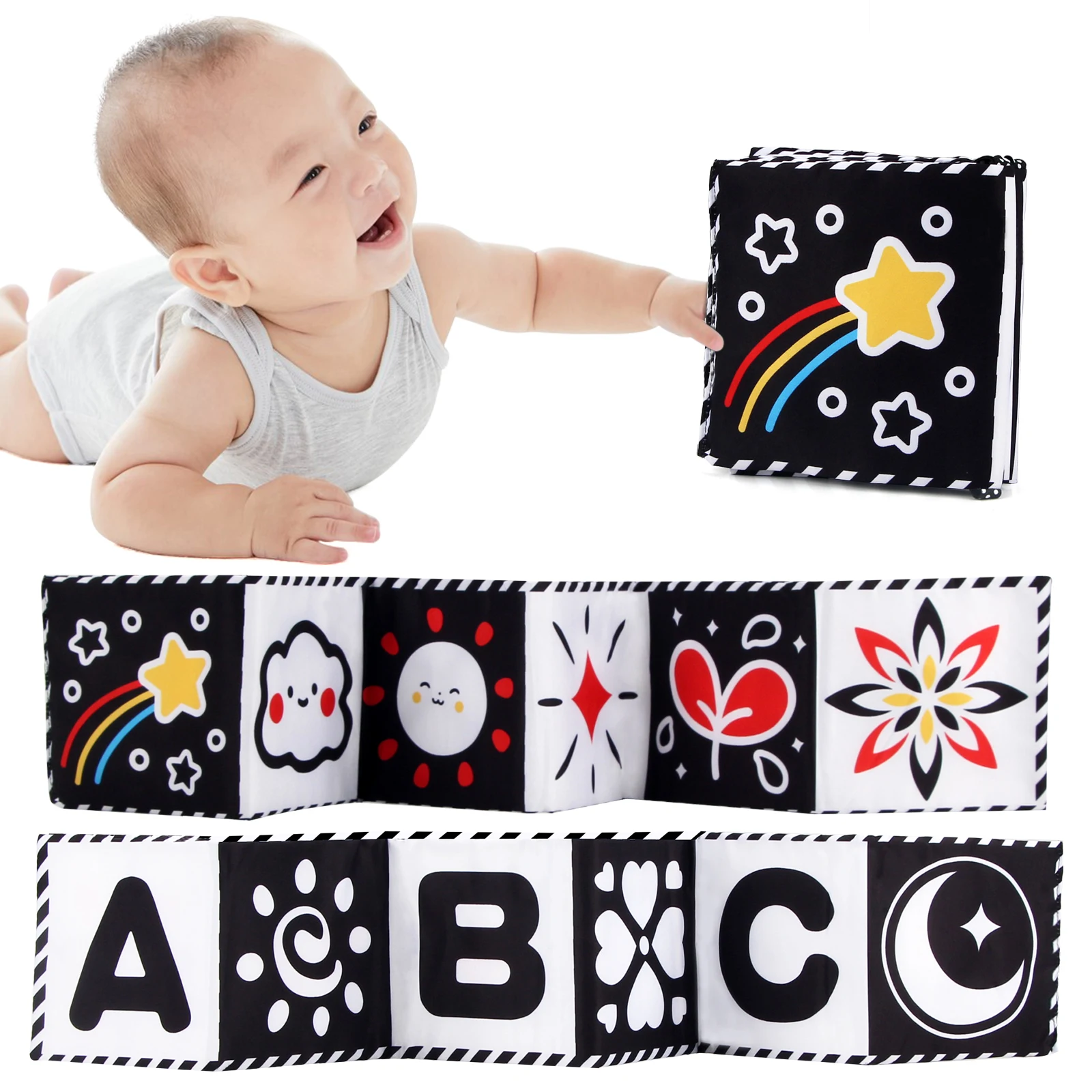 Libro di stoffa sensoriale per bambini Giocattoli per bambini ad alto contrasto Giocattoli per culla neonato Libri di stoffa per animali in bianco e nero 0-36 mesi Giocattoli Montessori