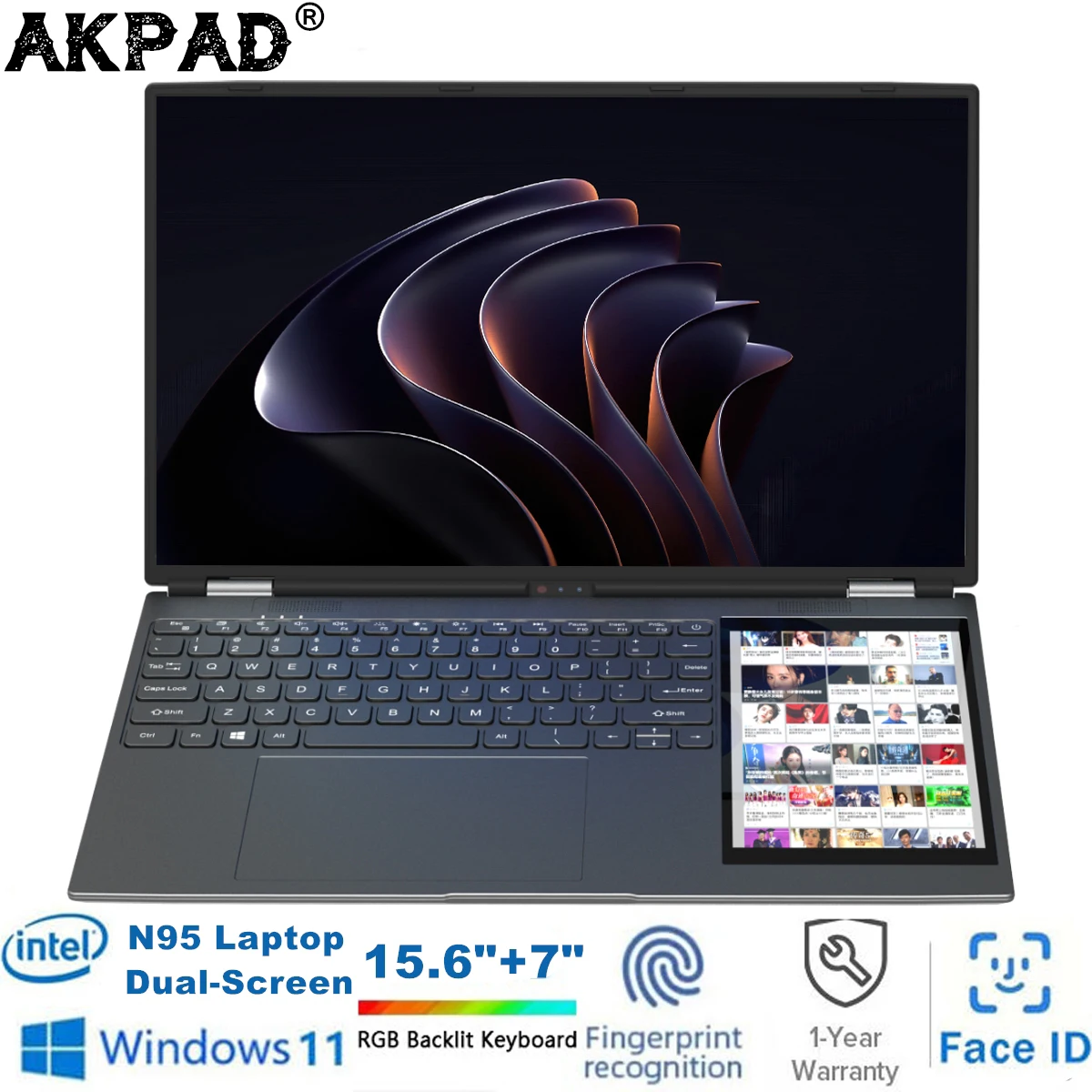 AKPAD Computadora portátil de pantalla dual de 15,6 "+ 7", Intel 12th N95 32GB/16GB DDR4 RAM, teclado retroiluminado RGB PC portátil con pantalla táctil de 7"
