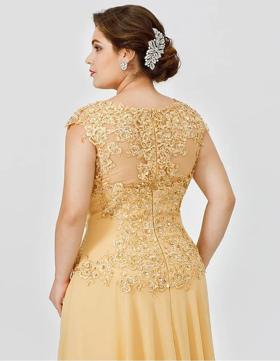 Aangepaste Moeder van de Bruid Jurk Bruiloftsgast Elegant Grote maten Illusie Hals Sweep Chiffon Kralen Kant Formele Jurken 2024