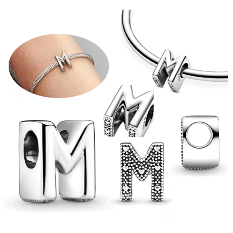 ขายร้อน 26 ตัวอักษร A-Z ตัวอักษร Charm Fit สร้อยข้อมือเงินแท้ 925 DIY ทําแฟชั่นผู้หญิงเครื่องประดับของขวัญ