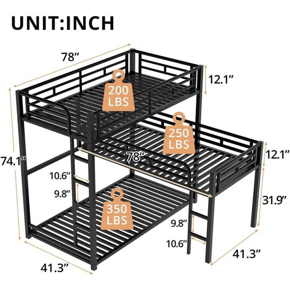 Heavy-Duty Triple Bunk Bed,Dormitory bed Metal L-Shaped Bunk Bed for 3 Kids Adults with Built in Ladder Full Length Guardrails