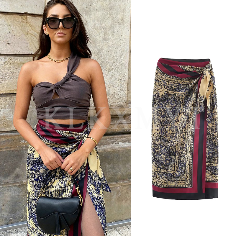 Women Wrap Skirts 2025 Women Autumn New Fashion Print High Waist Bow Tie Decoration Long Skirts Women Elegant Party Skirts