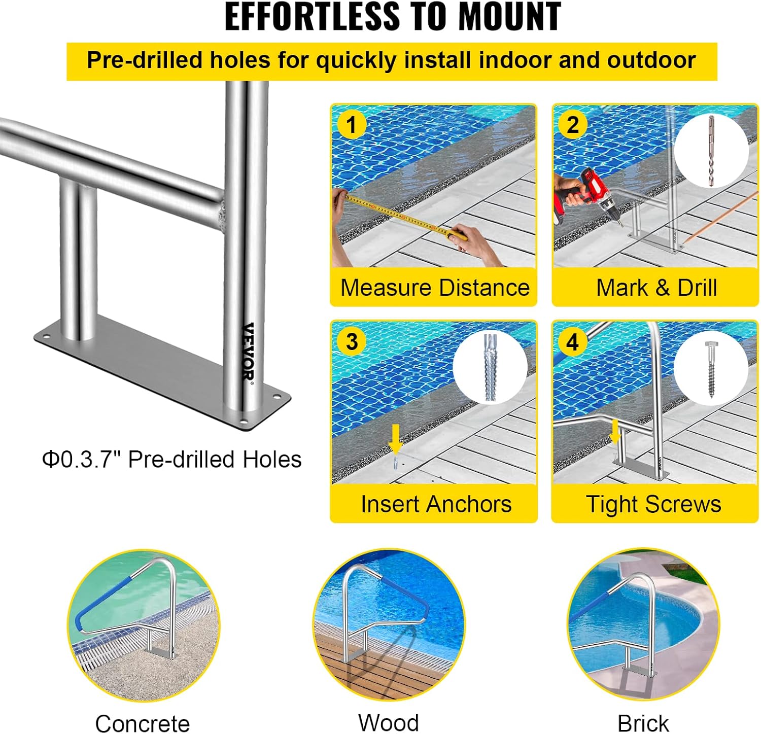 Pool Rail 55x32 Pool Railing 304 Stainless Steel 250LBS Load Capacity Silver Rustproof Pool Handrail Humanized Swimming
