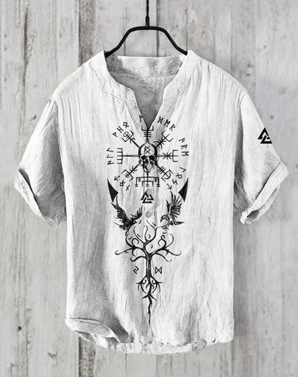 Men's Shirt Ethnic Style 3D Printing Viking Men's Fashion Plus Size Button Stand Collar Short Sleeve Shirt Men's Clothing Fast S