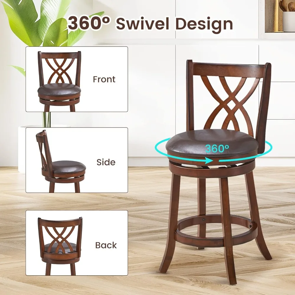 Bar Stools Set of 4, 360° Swivel Chairs with Rubber Wood Frame, 26 in PU Leather Cushioned Seat and Footrests, for Kitch