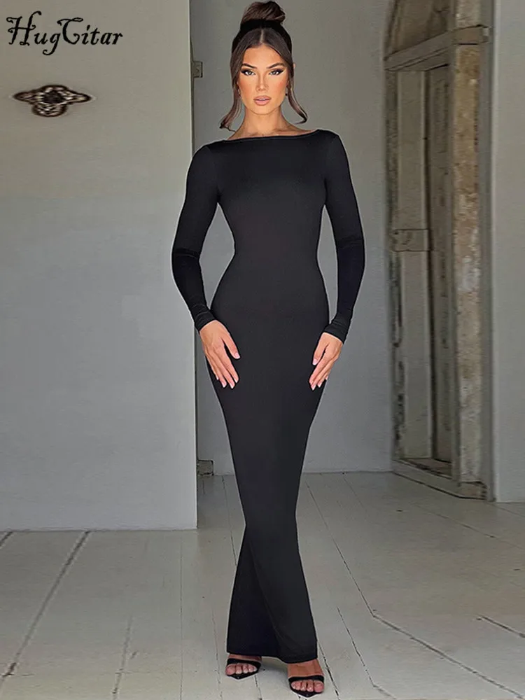 Hugcitarฤดูใบไม้ผลิElegantแขนยาวBackless Cuchedเซ็กซี่Bodycon Maxiชุดราตรีผู้หญิงชุดราตรีเทศกาลY2K
