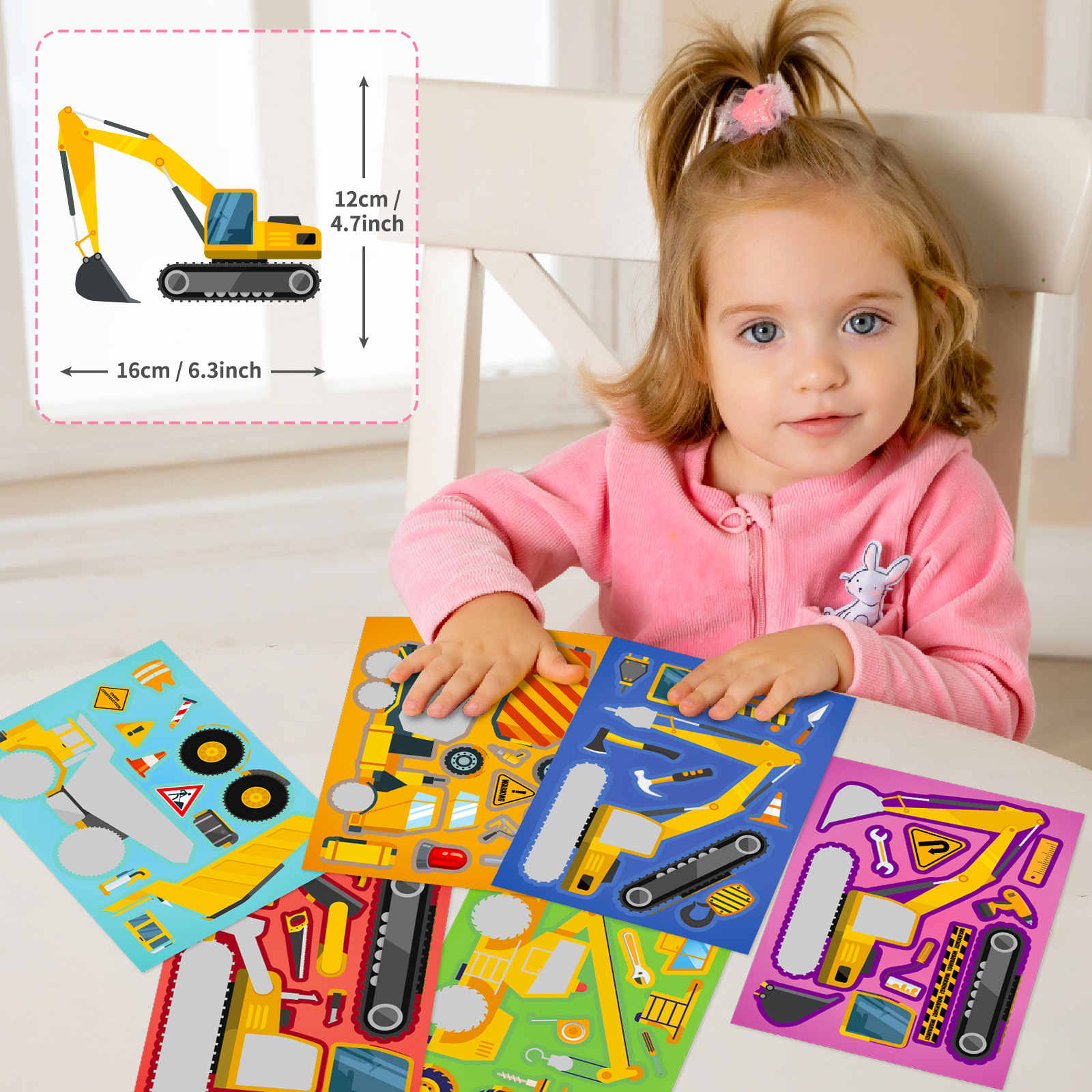 6 시트 어린이 DIY 퍼즐 스티커 게임 6 엔지니어링 트럭 얼굴 만들기 재미 있은 조립 퍼즐 스티커 어린이 교육 완구