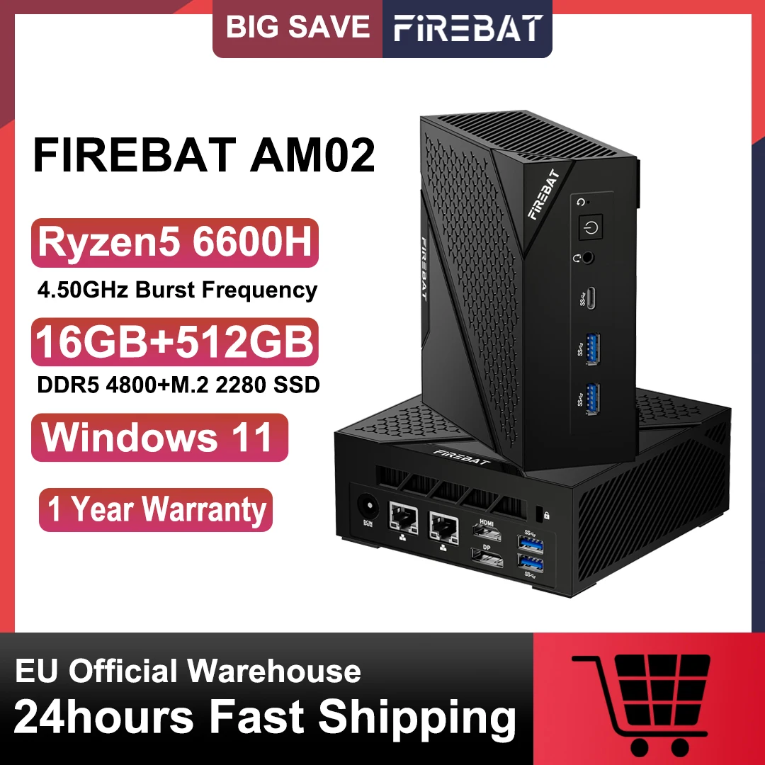 FIREBAT MINI PC AM02 AMD Ryzen 5 6600H 16GB DDR5 RAM 512GB SSD WIFI6 BT5.2 Windows11 Przenośny komputer stacjonarny Port sieciowy HDMI