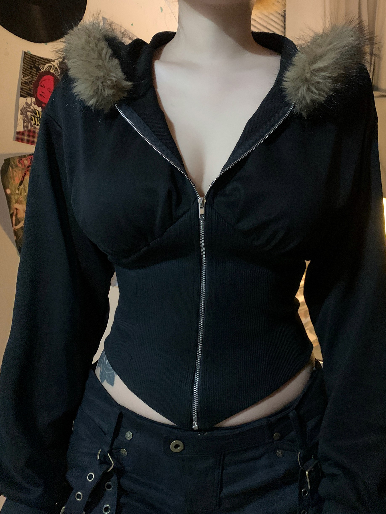 Cuteandpsycho Zip Up Pelz Hals Hoodie Mäntel Mode Schlank Solide Y2K Vintage Damen Jacken Casual Streetwear Chic Grundlagen Kleidung