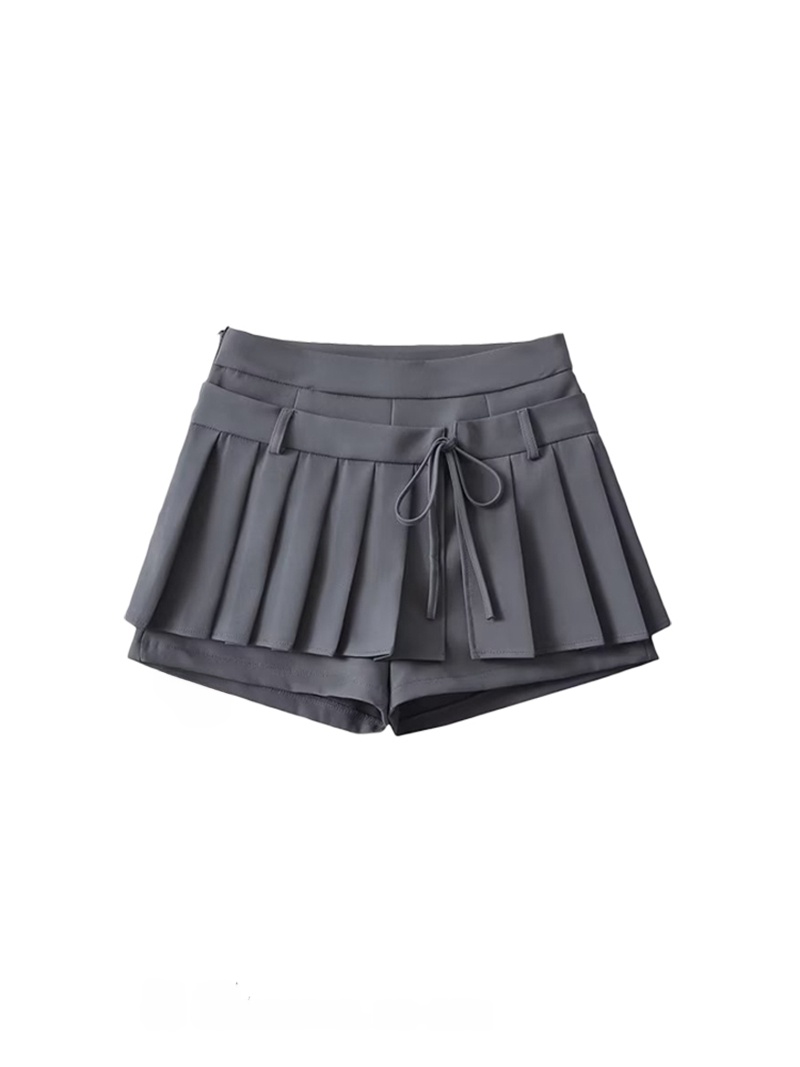 Cotton Blend Splice A-Line  Skirt with Belt Anti-Light Pure Vintage High Waist Pleated ort Skirt for Young Women
