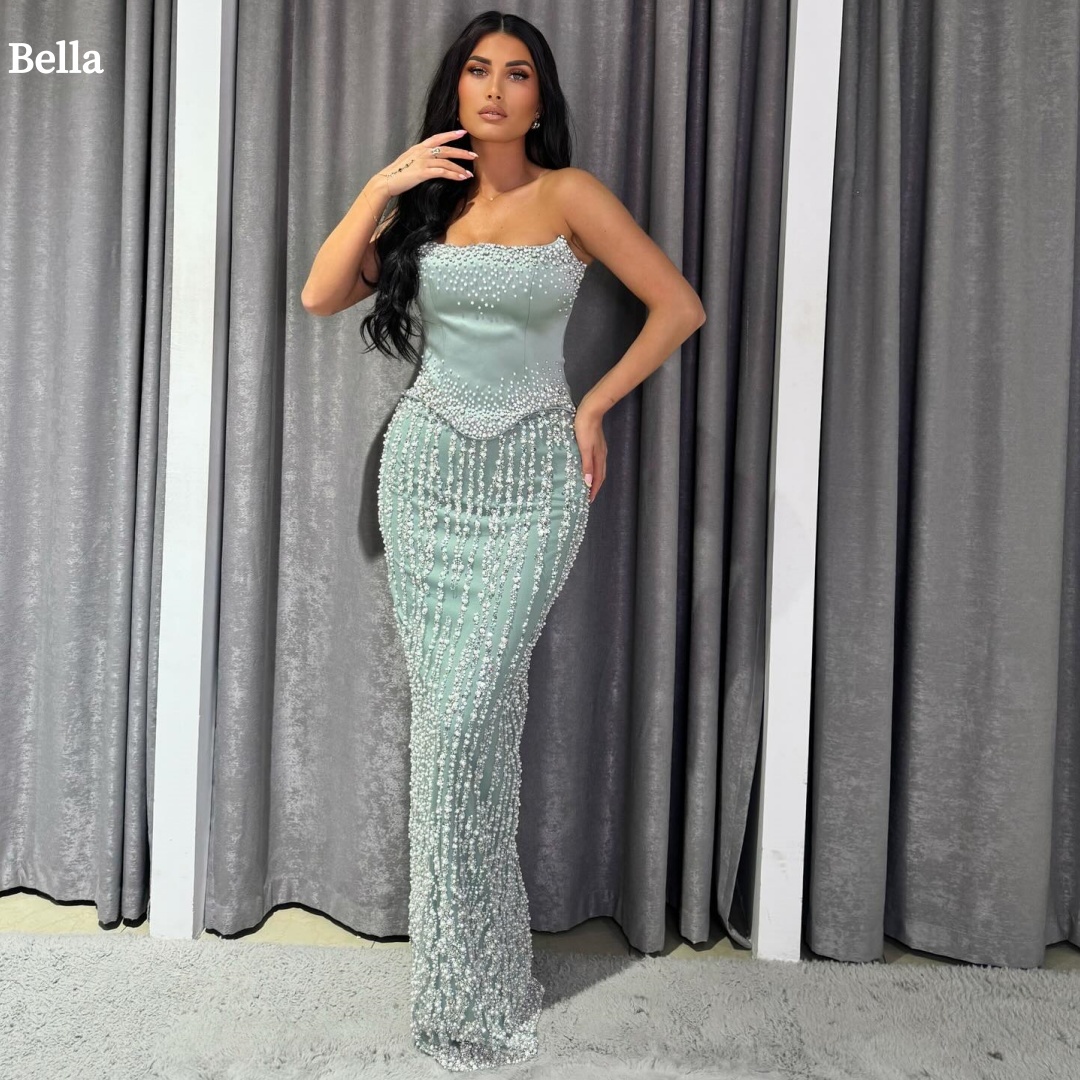 Bella personalizado beading strapless sereia robes de soirée sem alças sem costas sem mangas vestidos de festa até o chão vestido de baile