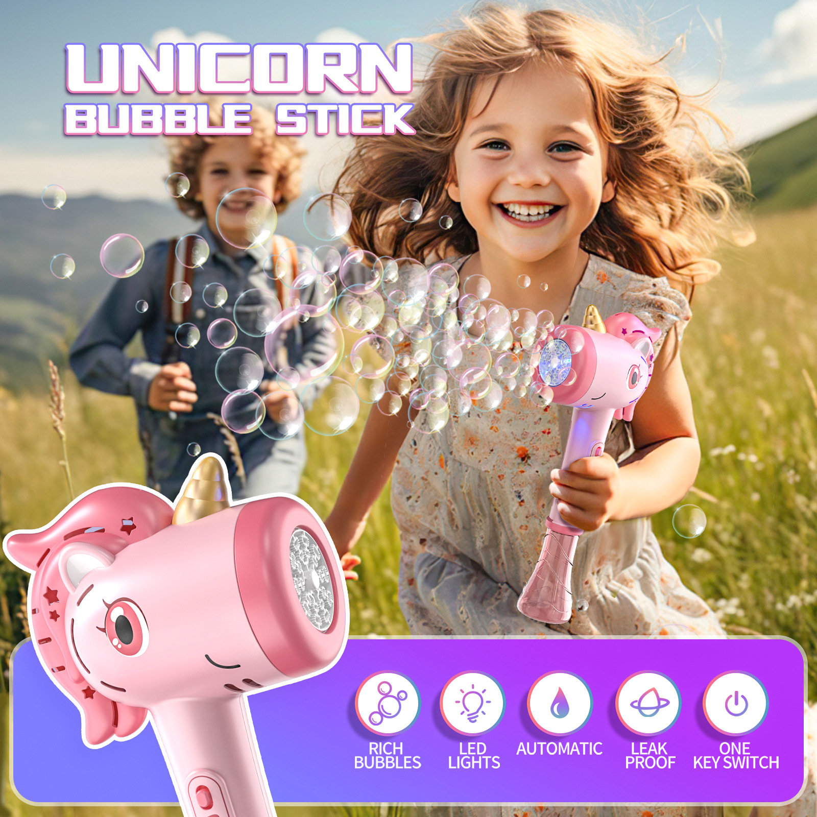 Unicorn electric bubble gun, toy bubble machine, automatic soap blower with lights,Christmas  party games, children's gifts
