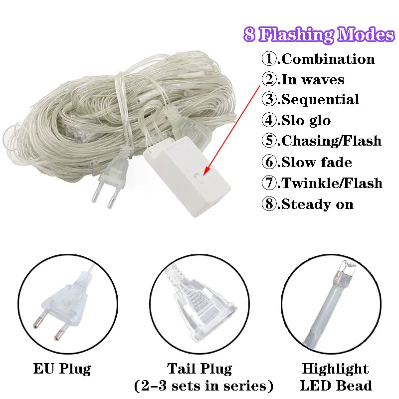 EU Plug 220V LED Net Mesh String Light Window Curtain Fairy Light Wedding Party Garden Summer Room Decoration Garland Lamp