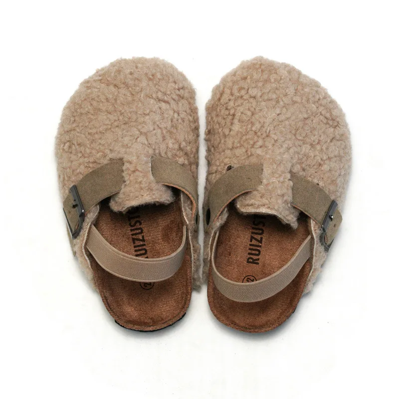 เด็กทารกเด็กชายหญิง WARM Fuzzy รองเท้าแตะรองเท้าแตะ Plush Cork Faux FUR Flats เด็กวัยหัดเดิน Prewalker รองเท้าแตะสายรัดด้านหลังยืดหยุ่น